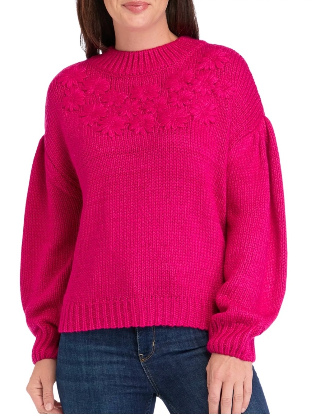 crown & ivy Hot Pink Floral-Appliqué Crewneck Sweater